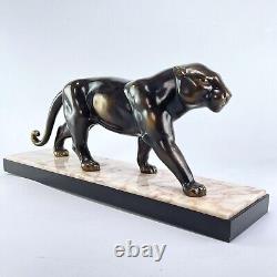 Art Deco Bronze Patinated Metal Panther Sculpture with Marble Approx. 1930s