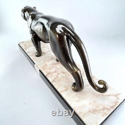 Art Deco Bronze Patinated Metal Panther Sculpture with Marble Approx. 1930s