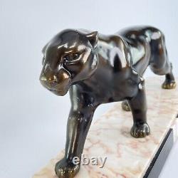 Art Deco Bronze Patinated Metal Panther Sculpture with Marble Approx. 1930s