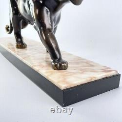 Art Deco Bronze Patinated Metal Panther Sculpture with Marble Approx. 1930s