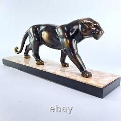 Art Deco Bronze Patinated Metal Panther Sculpture with Marble Approx. 1930s