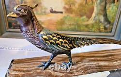 Art Deco Bronze Pheasant Statue with Multiple Patina Colors Signed Errac