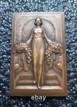 Art Deco Bronze Plaque Medal Woman with Flowers by Raoul Benard