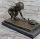 Art Deco Bronze Sculpture Of Children, Little Girl Playing With A Turtle