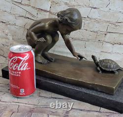 Art Deco Bronze Sculpture of Children, Little Girl Playing with a Turtle