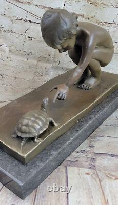 Art Deco Bronze Sculpture of Children, Little Girl Playing with a Turtle