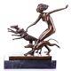 Art Deco Bronze Sculpture Of A Nude Woman With Hunting Dogs After Lorenzo