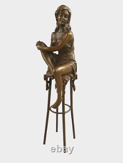 Art Deco Bronze Sculpture of a Semi-Nude Woman on a Stool After Pierre Collinet