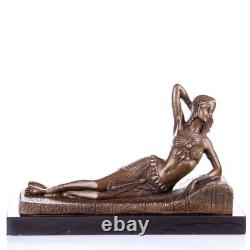Art Deco Bronze Sculpture of a Woman Reclining on Black Marble Signed