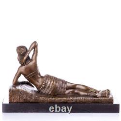 Art Deco Bronze Sculpture of a Woman Reclining on Black Marble Signed