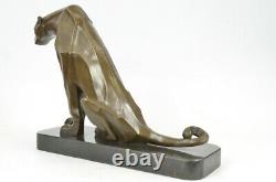 Art Deco Bronze Statue Panther Mounted On Black Marble Base H. Moore Decorativ