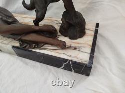 Art Deco Bronze Statue of a Reclining Woman with a Dove and German Shepherd Dog