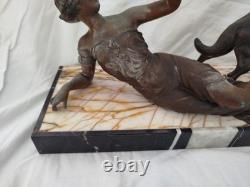 Art Deco Bronze Statue of a Reclining Woman with a Dove and German Shepherd Dog