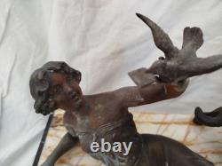 Art Deco Bronze Statue of a Reclining Woman with a Dove and German Shepherd Dog