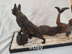 Art Deco Bronze Statue of a Reclining Woman with a Dove and German Shepherd Dog