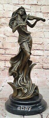 Art Deco Bronze Violin Player Sculpture Signed Female Musician Figurine Deco