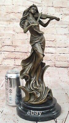 Art Deco Bronze Violin Player Sculpture Signed Female Musician Figurine Deco