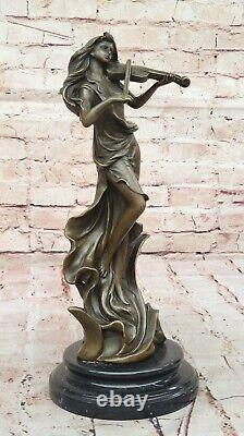 Art Deco Bronze Violin Player Sculpture Signed Female Musician Figurine Deco