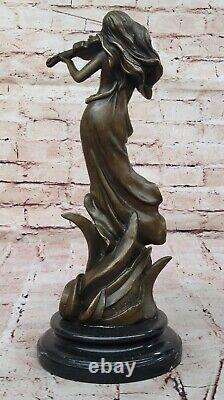 Art Deco Bronze Violin Player Sculpture Signed Female Musician Figurine Deco