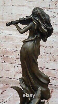 Art Deco Bronze Violin Player Sculpture Signed Female Musician Figurine Deco