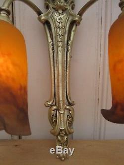 Art Deco Bronze Wall Lamp With Tulips Glass Paste Degué