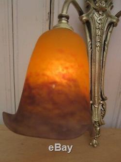 Art Deco Bronze Wall Lamp With Tulips Glass Paste Degué