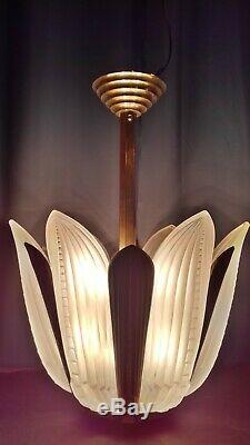 Art Deco Chandelier Genet & Michon 6 Plates Fins And Mount Bronze