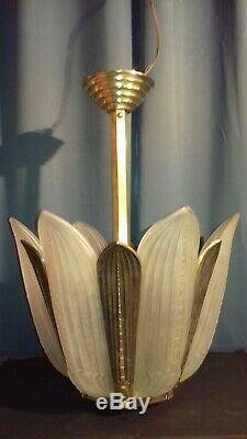 Art Deco Chandelier Genet & Michon 6 Plates Fins And Mount Bronze