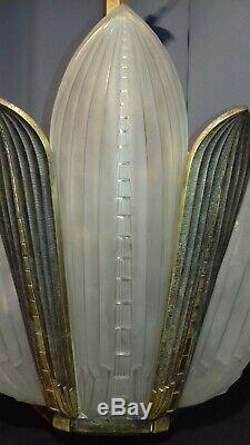 Art Deco Chandelier Genet & Michon 6 Plates Fins And Mount Bronze