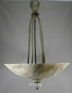 Art Deco Chandelier In Alabaster And Silver Bronze Or Nickelé, Circa 1930