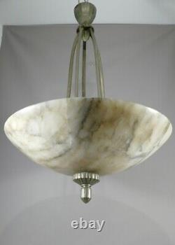 Art Deco Chandelier In Alabaster And Silver Bronze Or Nickelé, Circa 1930