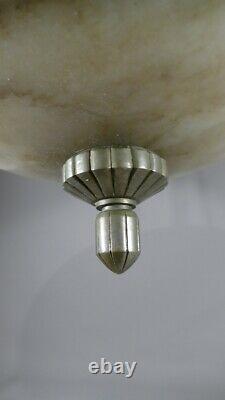 Art Deco Chandelier In Alabaster And Silver Bronze Or Nickelé, Circa 1930