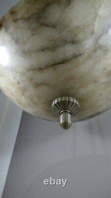 Art Deco Chandelier In Alabaster And Silver Bronze Or Nickelé, Circa 1930