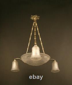 Art Deco Chandelier In Bronze And Brass Repoussé Old Silver, Molded-press Glass