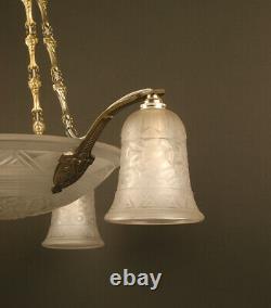 Art Deco Chandelier In Bronze And Brass Repoussé Old Silver, Molded-press Glass