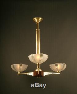 Art Deco Chandelier In Bronze, Wood, Brass And Molded-pressed Glass / Chandelier