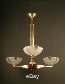 Art Deco Chandelier In Bronze, Wood, Brass And Molded-pressed Glass / Chandelier