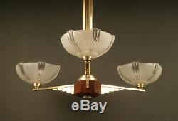 Art Deco Chandelier In Bronze, Wood, Brass And Molded-pressed Glass / Chandelier