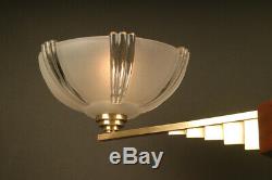 Art Deco Chandelier In Bronze, Wood, Brass And Molded-pressed Glass / Chandelier