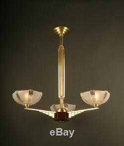 Art Deco Chandelier In Bronze, Wood, Brass And Molded-pressed Glass / Chandelier