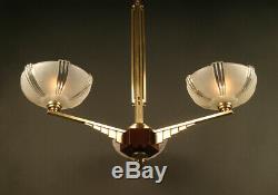 Art Deco Chandelier In Bronze, Wood, Brass And Molded-pressed Glass / Chandelier