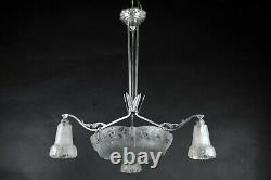 Art Deco Chandelier In Nickeled Bronze And Molded Glass Stamped Léon Hugue