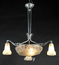 Art Deco Chandelier In Nickeled Bronze And Molded Glass Stamped Léon Hugue