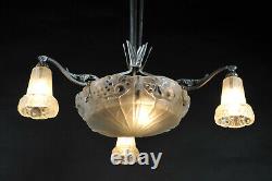 Art Deco Chandelier In Nickeled Bronze And Molded Glass Stamped Léon Hugue