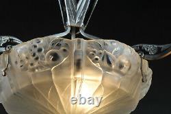 Art Deco Chandelier In Nickeled Bronze And Molded Glass Stamped Léon Hugue