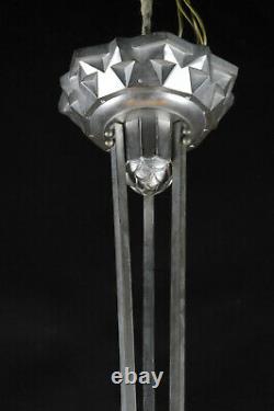 Art Deco Chandelier In Nickeled Bronze And Molded Glass Stamped Léon Hugue