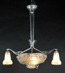 Art Deco Chandelier In Nickeled Bronze And Molded Glass Stamped Léon Hugue