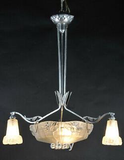 Art Deco Chandelier In Nickeled Bronze And Molded Glass Stamped Léon Hugue