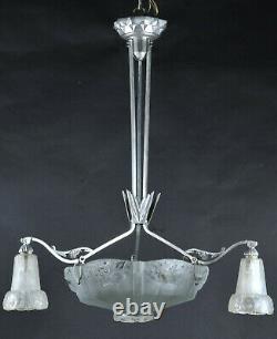 Art Deco Chandelier In Nickeled Bronze And Molded Glass Stamped Léon Hugue