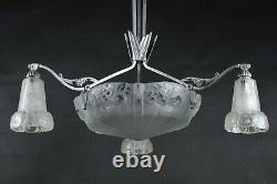 Art Deco Chandelier In Nickeled Bronze And Molded Glass Stamped Léon Hugue